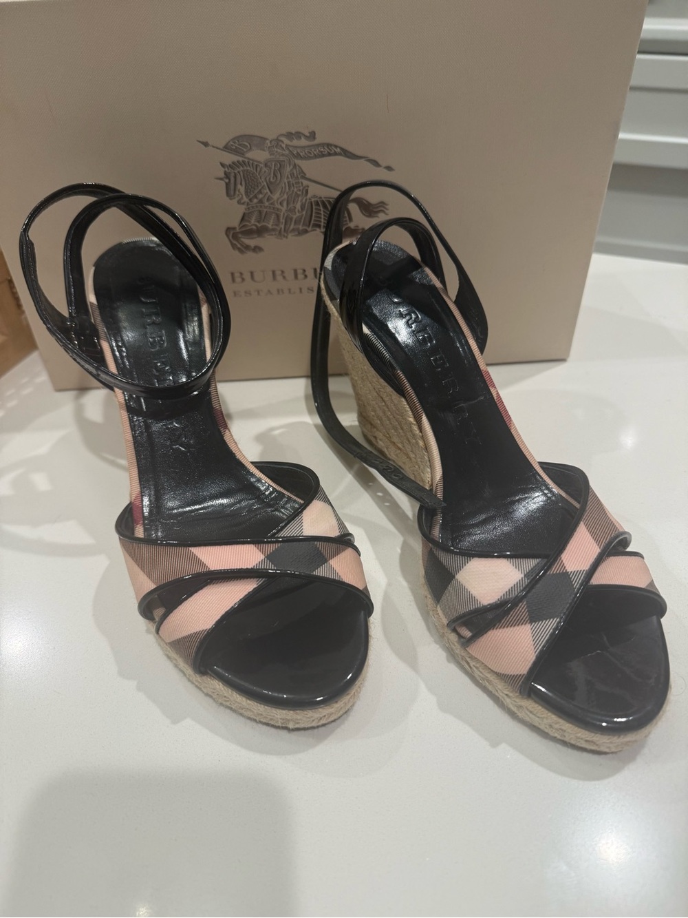 Burberry Pink and Black nova Check patentWedge Sandals worn one time size 8.5 39